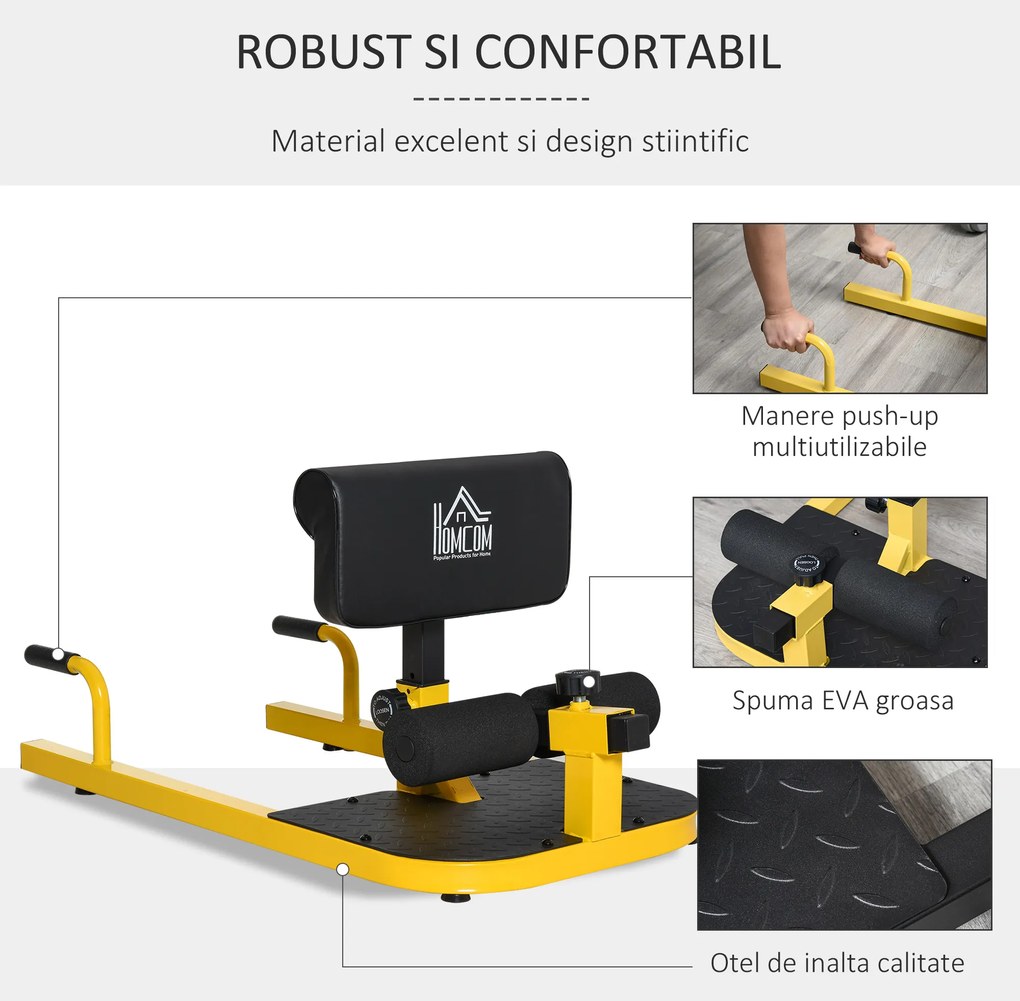 HOMCOM Aparat pentru Genuflexiuni 3 în 1 pentru Picioare, Abdominale și Flotări, 50x97x44,5-56,5 cm, Galben | Aosom Romania