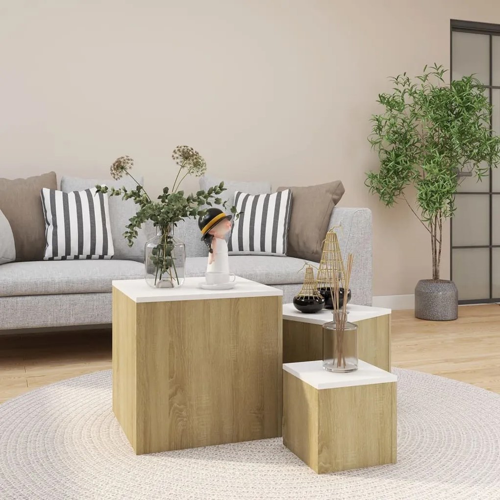 808590 vidaXL Măsuțe laterale, 3 buc., alb și stejar sonoma, PAL