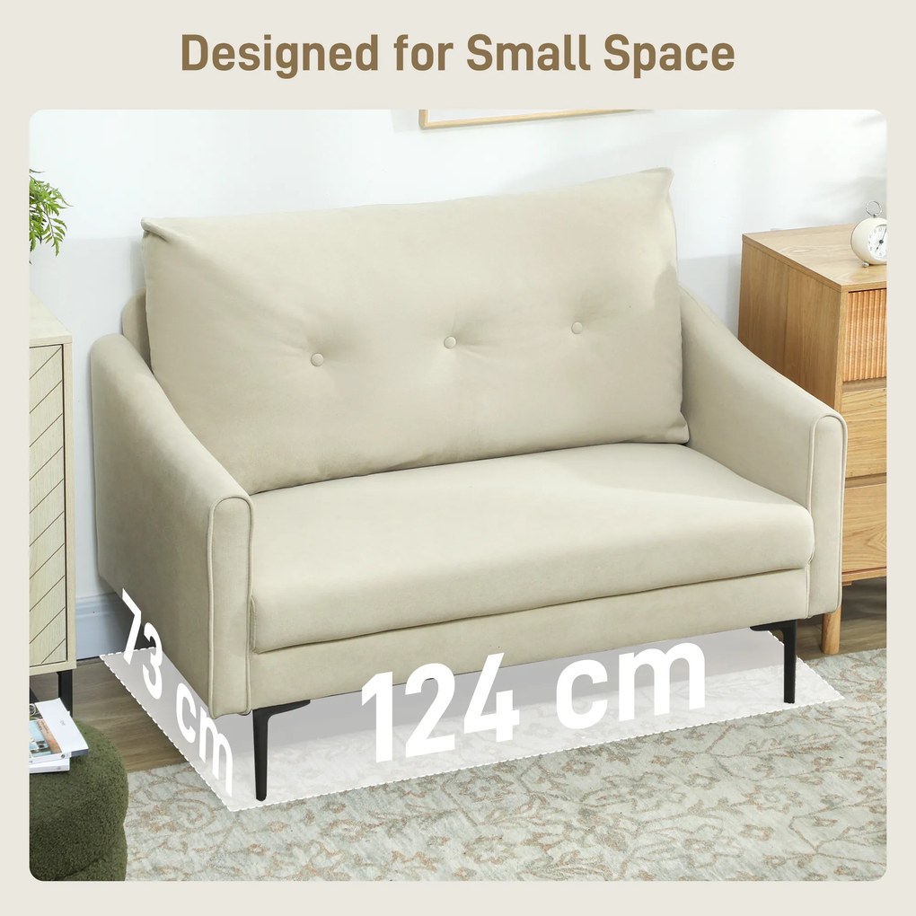 HOMCOM Canapea cu 2 Locuri din Catifea cu Spătar Matlasat și Pernă Detașabilă, Canapea Compactă Modernă cu Picioare din Metal pentru Sufragerie, 124x73x92 cm, Crem | Aosom Romania
