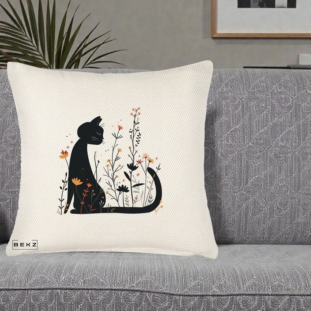 Perna Decorativa Pisica Neagra Flori Portocalii Silueta, 40x40 cm, Crem Reliefat, Husa Detasabila, Perna Inclusa, BEKZ®