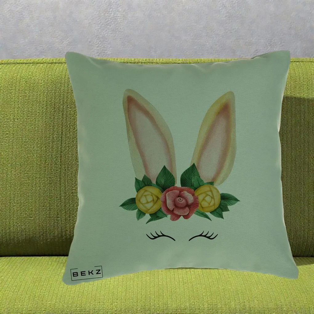 Perna Decorativa Iepuras Flori Urechi Pastelui, 40x40 cm, Verde, Husa Detasabila, Perna Inclusa, BEKZ®