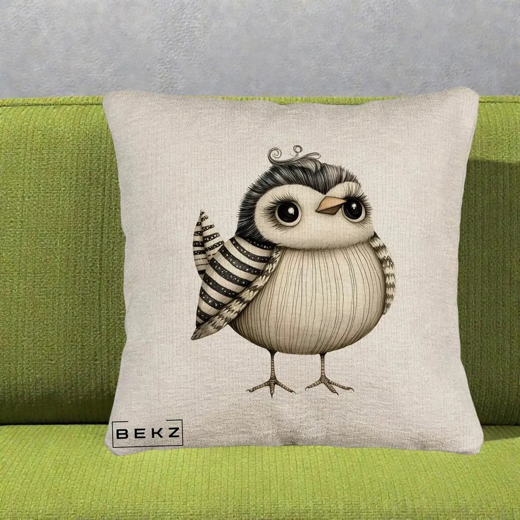 Perna Decorativa Pui Elegant Alb-Negru, 40x40 cm, Bej Canapea, Husa Detasabila, Perna Inclusa, BEKZ®