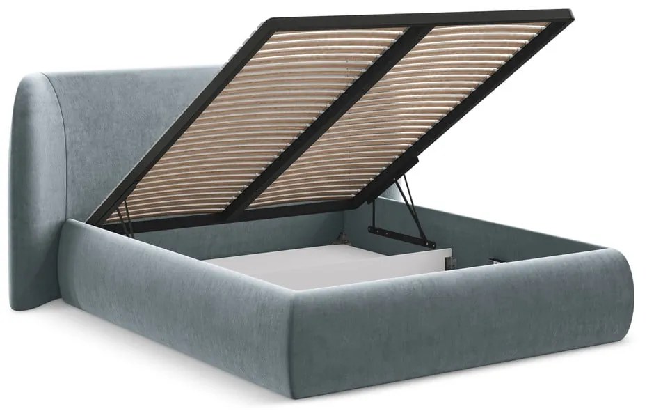 Pat matrimonial albastru deschis tapițat cu spațiu de depozitare cu somieră 180x200 cm Hauke – Makamii