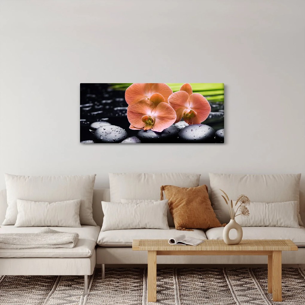 Tablou - Orhidee portocalie cu frunze de palmier (120x50 cm)