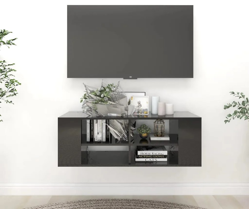Dulap TV montat pe perete, negru extralucios, 102x35x35 cm, PAL 1, negru foarte lucios