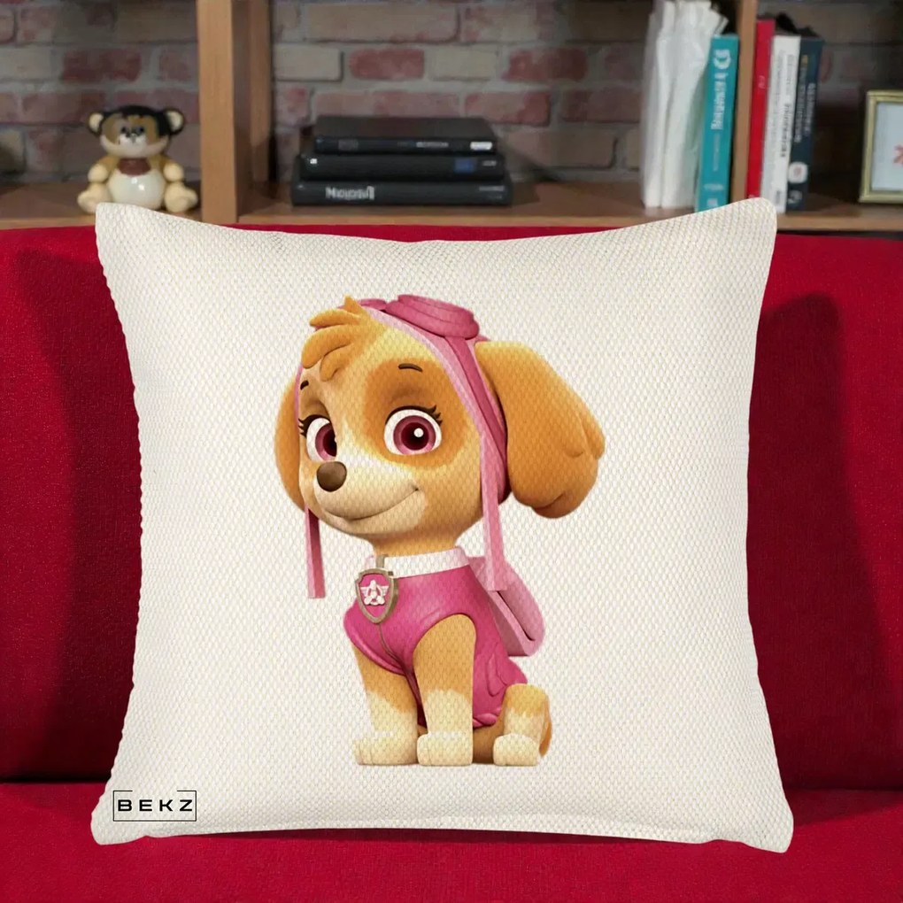 Perna Personalizata Skye PAW Patrol Roz, 40x40 cm, Crem Reliefat, Husa Detasabila, Perna Inclusa, BEKZ®