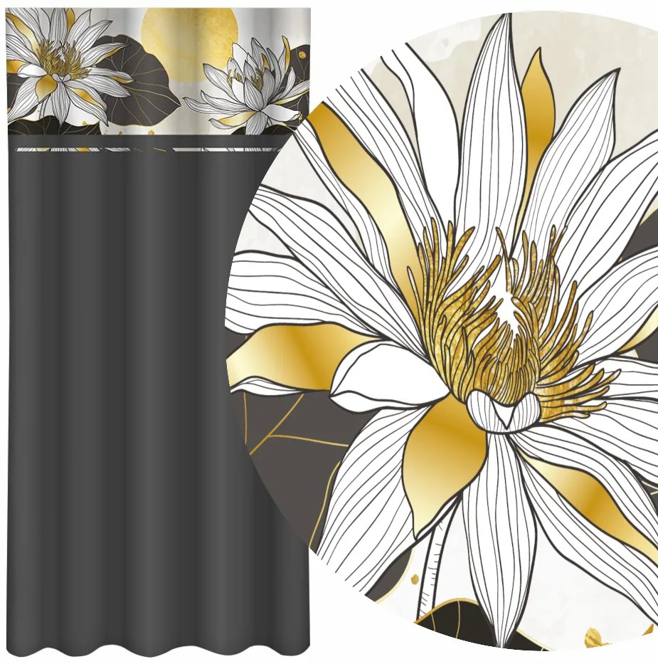 Draperie clasică gri închis cu imprimare de flori de lotus Lățime: 160 cm | Lungime: 250 cm
