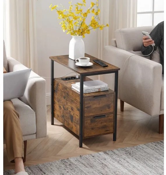 Masă laterală ROD cu prize integrate și porturi USB, maro/negru