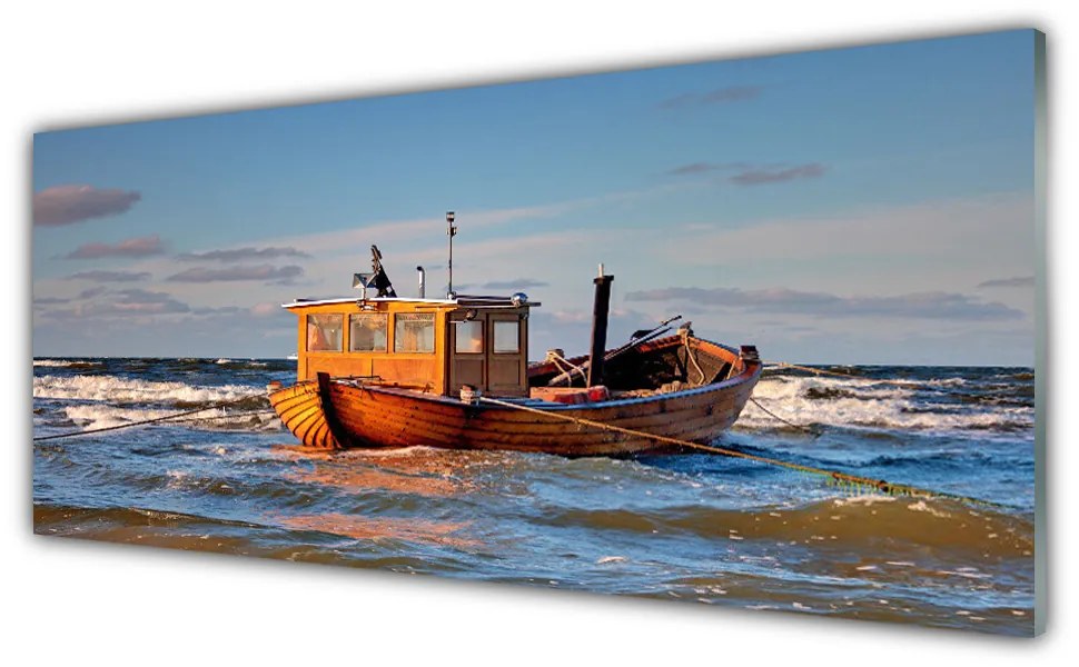 Tablou pe sticla Barca Marea Peisaj Galben Verde Albastru