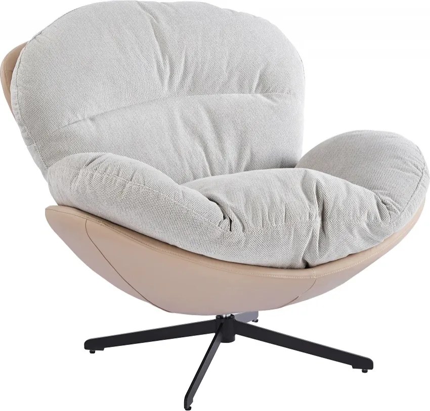 Fotoliu Lounge Rotativ 360° cu Pernă Extra Confort, Tapiterie Linen + PU, Bază Metalică Neagră, Design Modern, Alb