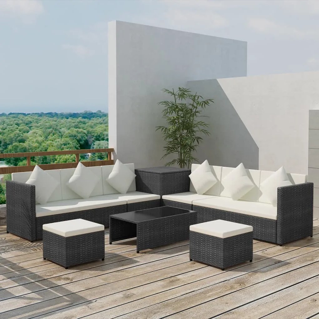 42995 vidaXL Set mobilier de grădină cu perne, 8 piese, negru, poliratan