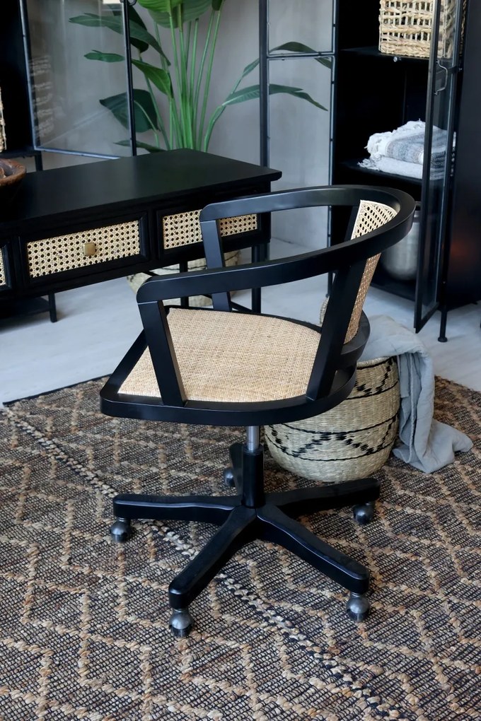 Scaun de birou, din lemn de mesteacan si rattan, negru, cu aspect vintage, Old French