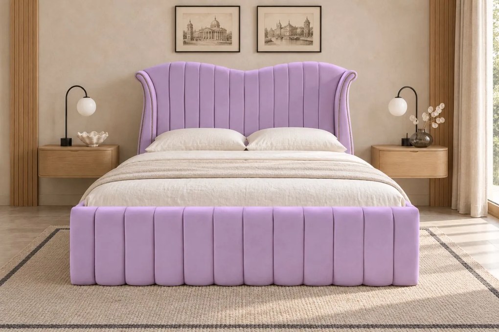 Pat tapițat din catifea Alora 140×200 cm, lila, cu ladă de depozitare