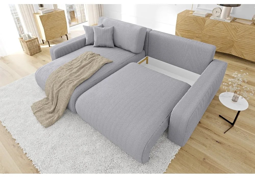Colțar gri deschis extensibil cu tapițerie din catifea reiată (cu colț variabil) Sara – Ropez