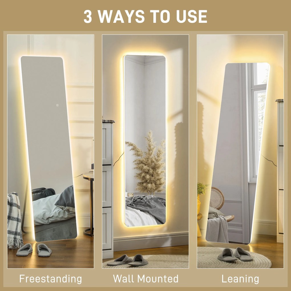 HOMCOM Oglindă întreagă cu LED-uri, control tactil, reglabil, fără ramă, 40 x 150 cm | Aosom Romania