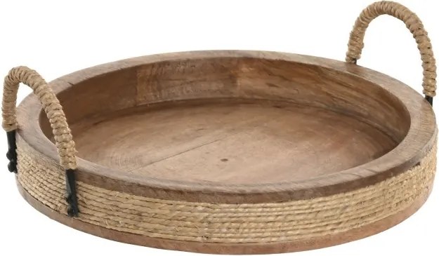Tavă decorativă Cottage cu mâner maro din lemn de mango cu structură din frânghie, "Rovena"