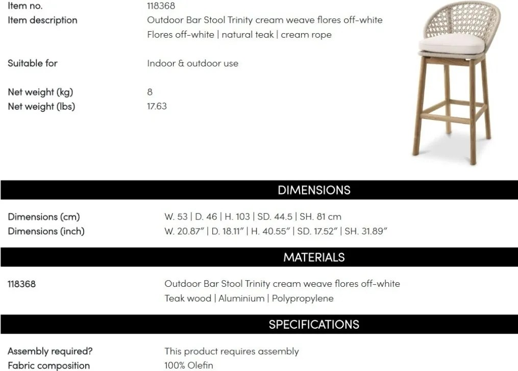 Scaun de bar pentru exterior sau interior design LUX Bar Trinity