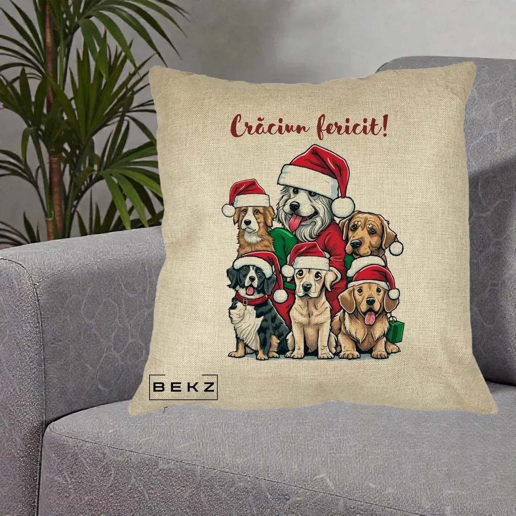 Perna Decorativa Caini cu Bonete Craciun Fericit, 40x40 cm, Crem, Husa Detasabila, Perna Inclusa, BEKZ®