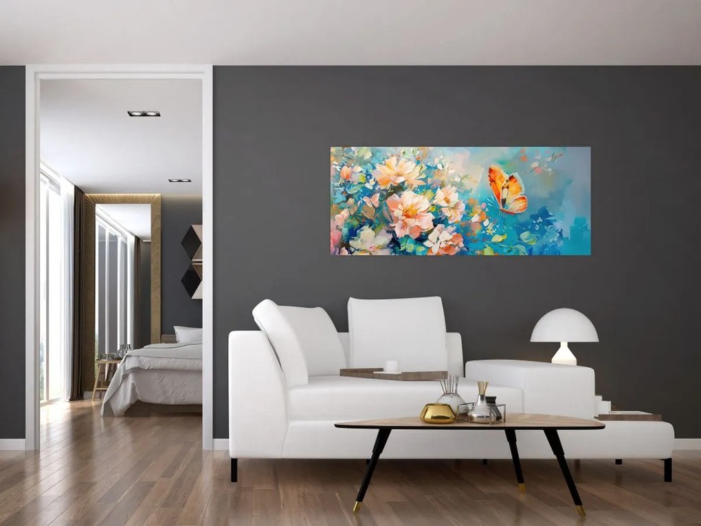 Tablou - Fluture și flori, pictură în ulei II. (120x50 cm)