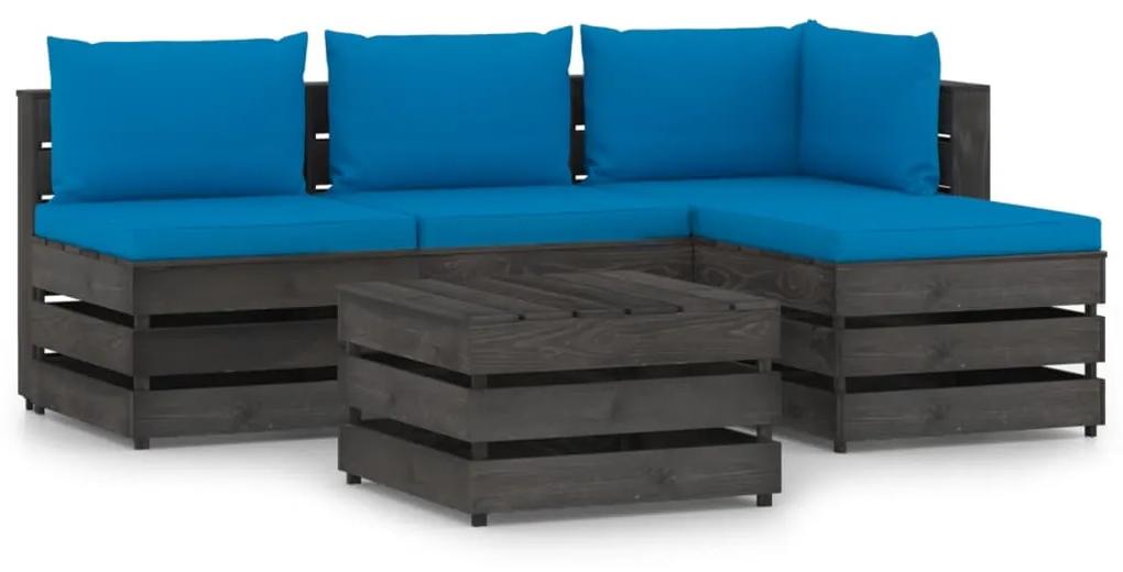 Set mobilier de gradina cu perne, 5 piese, gri, lemn tratat Albastru deschis si gri, 5