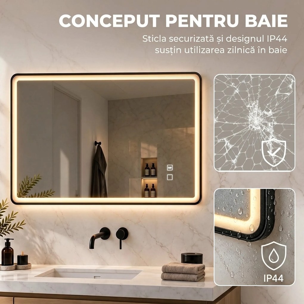 HOMCOM Oglindă de baie LED cu Bluetooth și antiaburire, 100x70 cm, negru | Aosom Romania