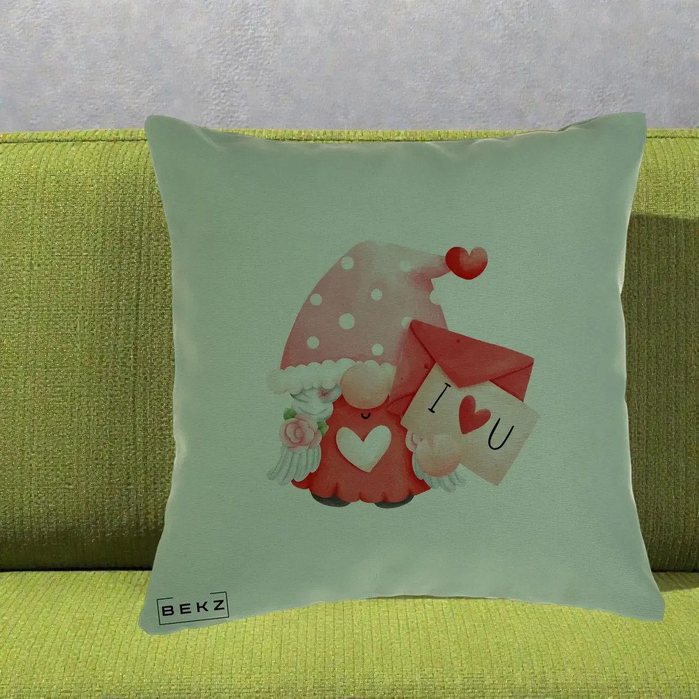 Cadou Romantic - Perna Personalizata I Love You Gnome Valentine cu Scrisoare, 40x40 cm, Verde, Husa Detasabila, Perna Inclusa, BEKZ®
