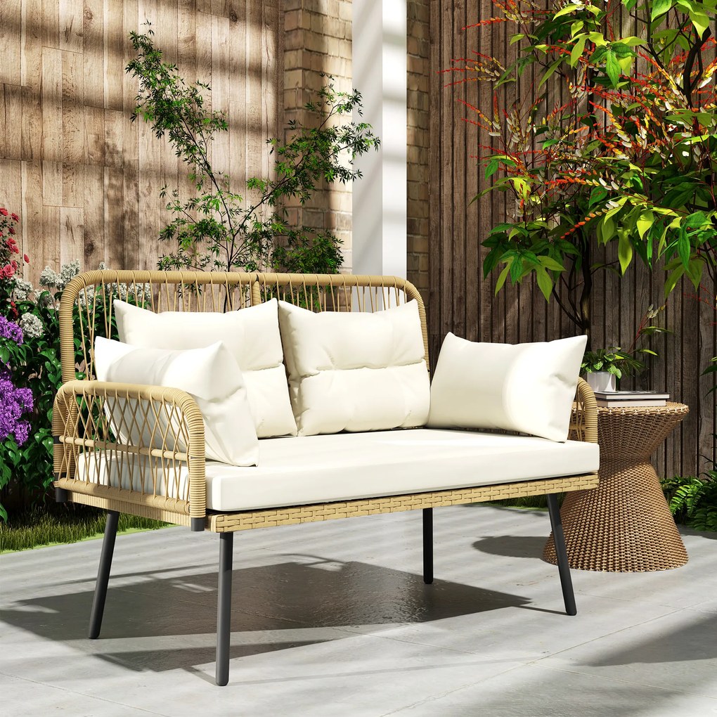 Outsunny Canapea de grădină cu perne Canapea 2 locuri Outdoor Balcon Canapea din ratan Polyrattan 115 x 61 x 82 cm Lemn natural | Aosom Romania