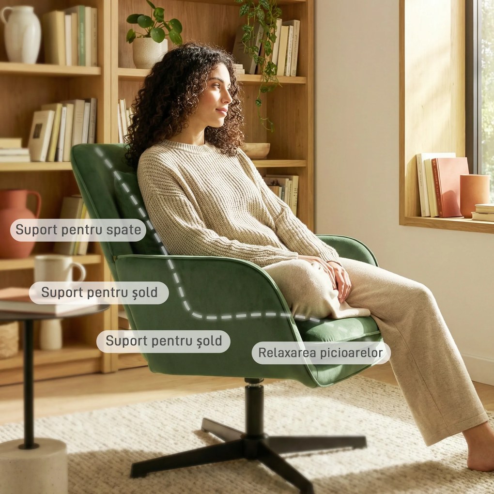 HOMCOM Fotoliu de Salon Rotativ 360° cu Pernă Lombară Detașabilă, Șezut Generos, Fotoliu Tapițat Modern din Catifea cu Cotiere, pentru Living, 73x83.5x85 cm, Verde | Aosom Romania