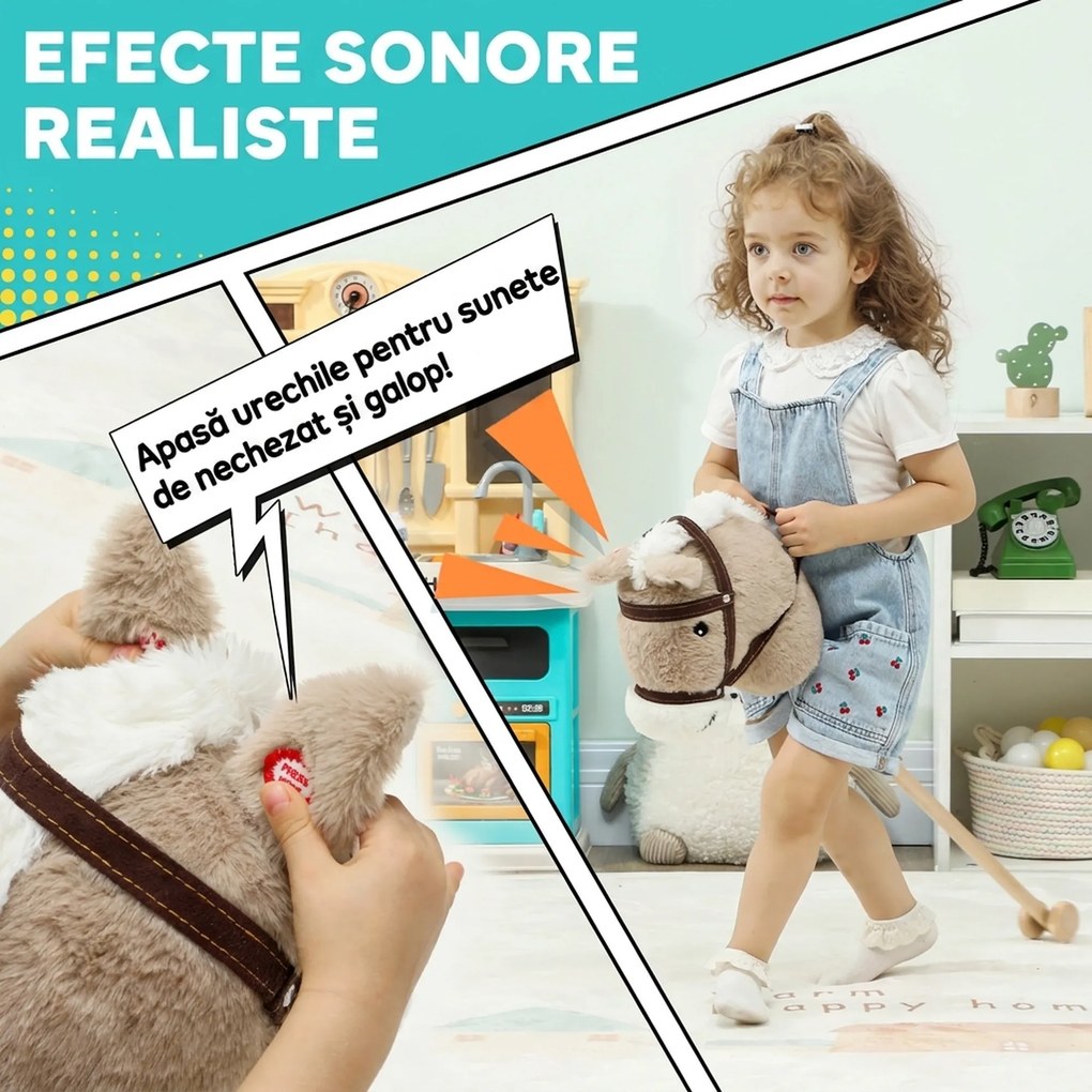 AIYAPLAY Căluț pe Băț pentru Copii 1-3 Ani, cu Sunete Realiste și Rotițe, 95x25x27 cm, Gri | Aosom Romania
