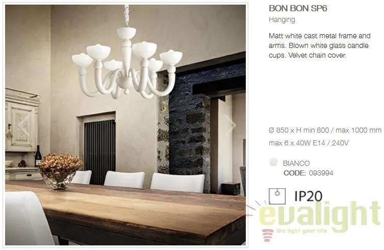 Candelabru LUX stil venetian cu 6 brate BON BON SP6 BIANCO 093994