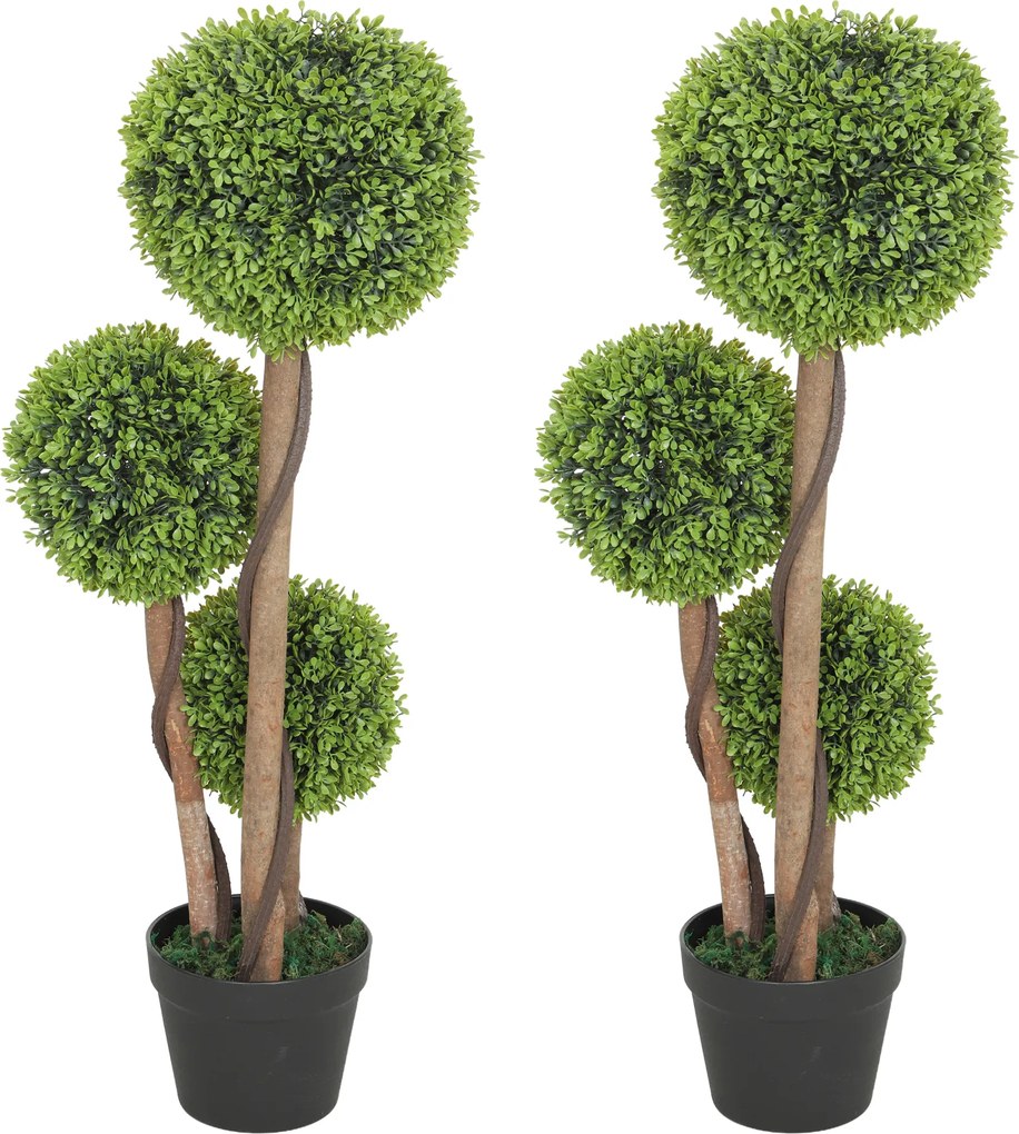 HOMCOM Set 2 Plante Artificiale de Buxus cu 3 Sfere, cu Ghiveci și Fund Întărit, Înălțime 90 cm, pentru Interior și Exterior | Aosom Romania
