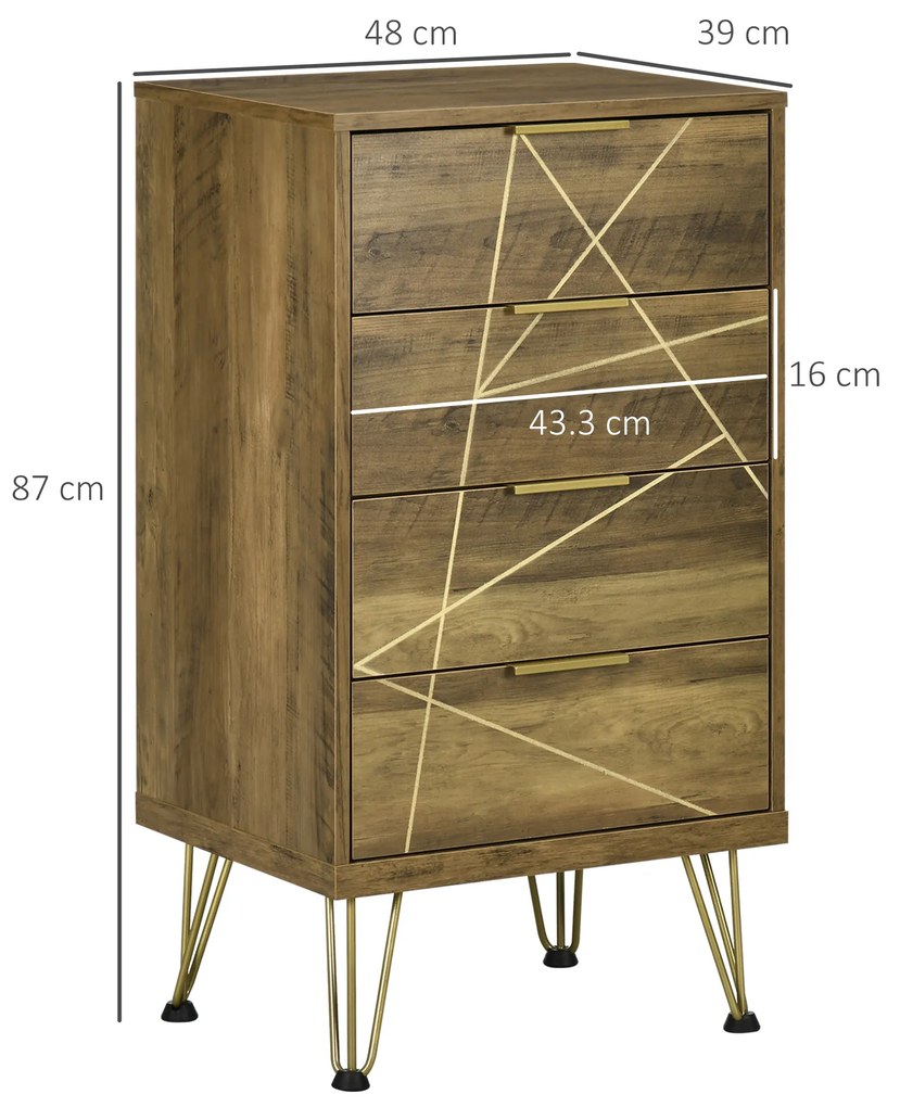 Comoda HOMCOM cu 4 sertare din PAL si picioare din otel pentru dormitor si sufragerie, 48x39x87cm, lemn si auriu | Aosom RO