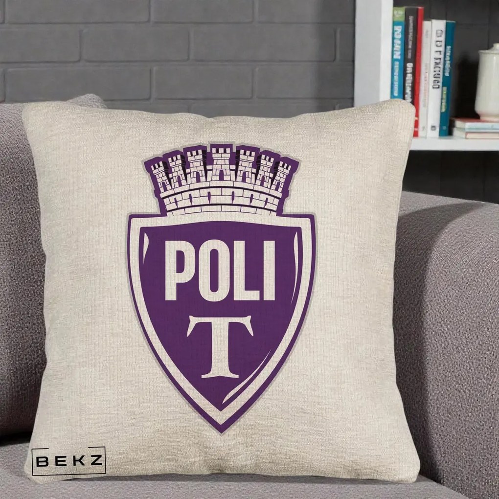 Perna Personalizata Poli Timisoara Fotbal, 40x40 cm, Bej Canapea, Husa Detasabila, Perna Inclusa, BEKZ®
