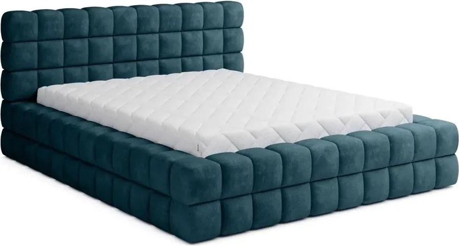 Pat matrimonial albastru tapițat cu spațiu de depozitare cu somieră 140x200 cm Dizzle – ELTAP