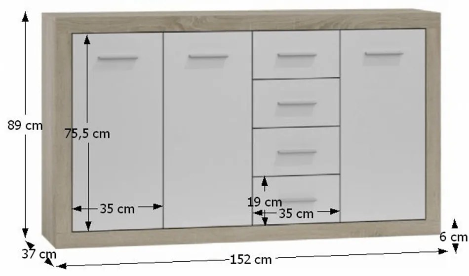 Comoda cu 3 usi si 4 sertare , stejar sonoma alb , 152x89x37 cm