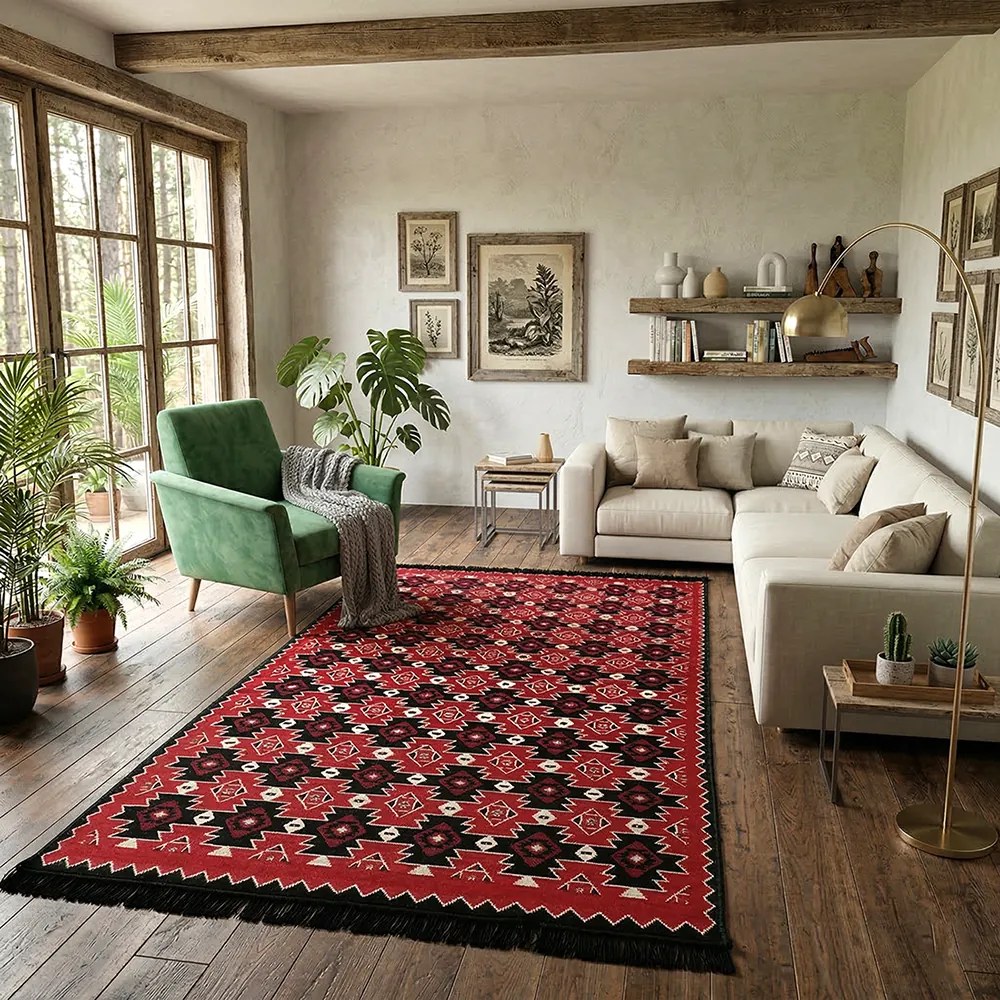 Covor Tesut Traditional, 2 fete, Model Kilim Grena Negru, diverse dimensiuni