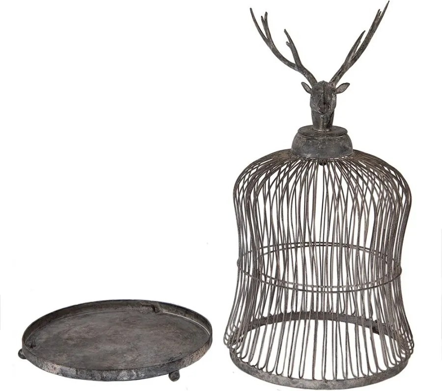 Colivie decorativă din metal cu motiv cerb, finisaj gri antichizat, Ø26x50 cm