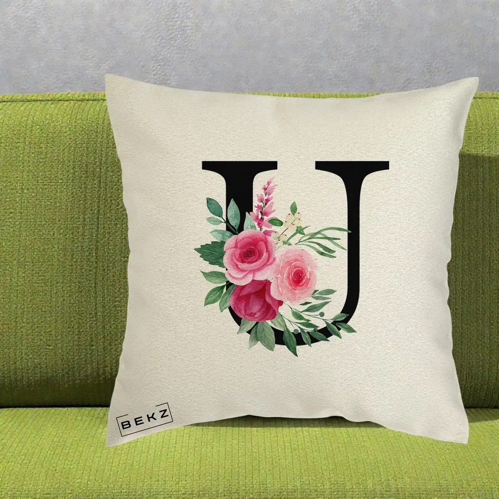 Cadou Personalizat - Perna Personalizata Monograma Florala Litera U, 40x40 cm, Ecru, Husa Detasabila, Perna Inclusa, BEKZ®