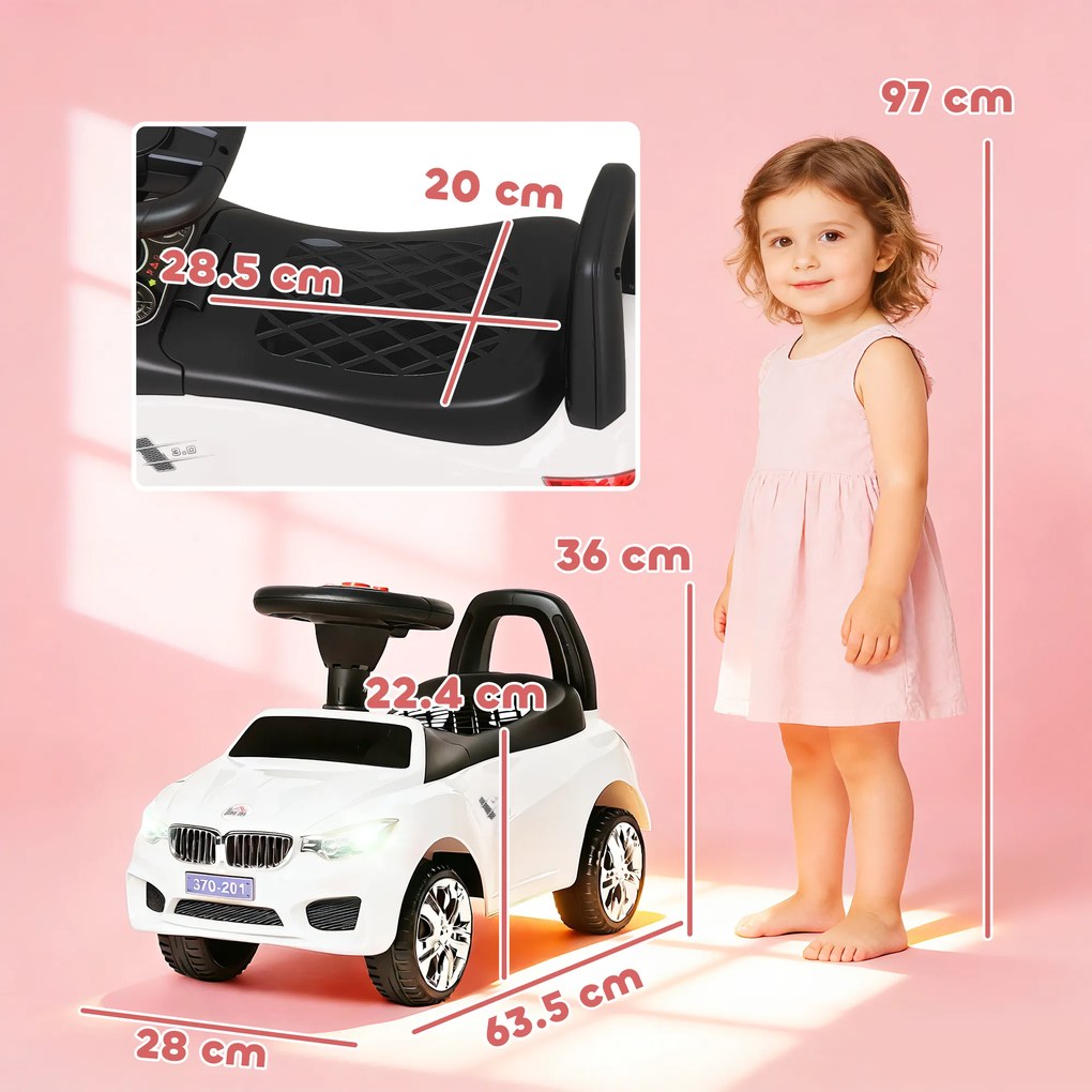 HOMCOM Mașinuță cu Volan, Mașină Copii cu Faruri și Muzică Integrată, Vârstă 18-36 Luni, 63,5x28x36 cm, Alb | Aosom Romania
