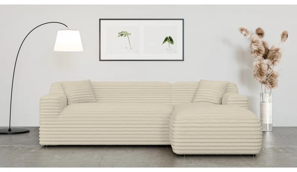 Colțar bej cu tapițerie din catifea reiată (cu colț pe partea dreaptă, cu șezlong) Martin – Ropez