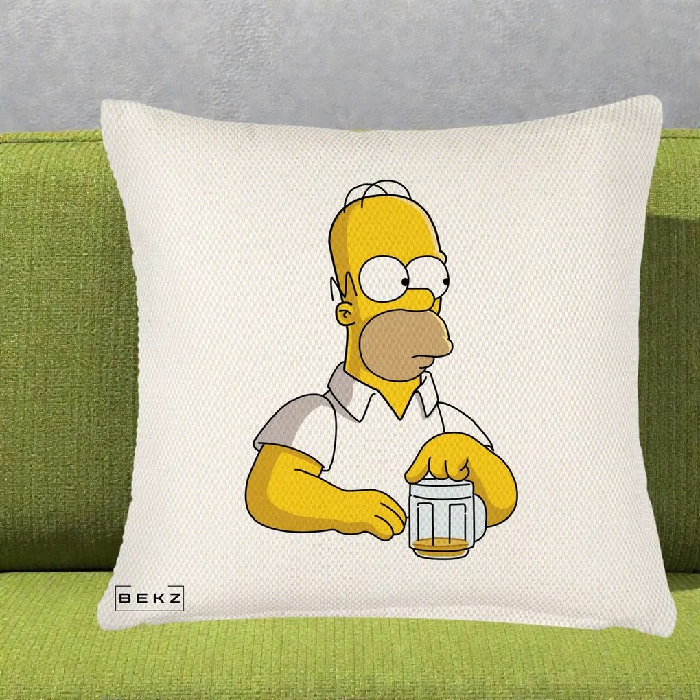 Perna Personalizata Homer Simpson cu Bere, 40x40 cm, Crem Reliefat, Husa Detasabila, Perna Inclusa, BEKZ®