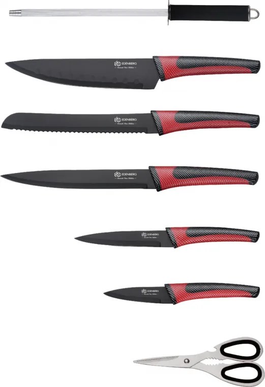 Set de cutite Edenberg EB-952, 8 piese, Otel carbon, Foarfeca, Ascutitor, Suport acrilic, Negru/Rosu