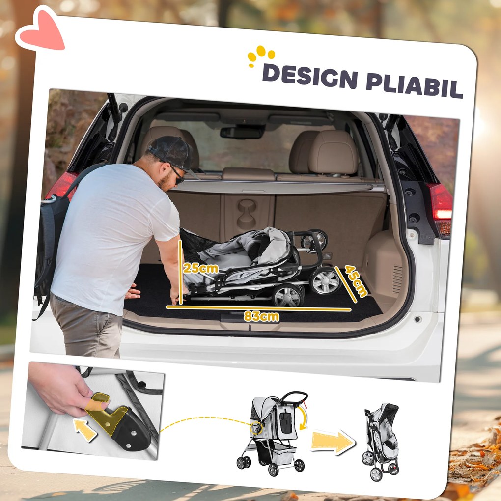 PawHut Passeggino per Cani Pieghevole Carrello per Animali Domestici Carrello Carrozzina Grigia 75x45x97cm | Aosom Romania