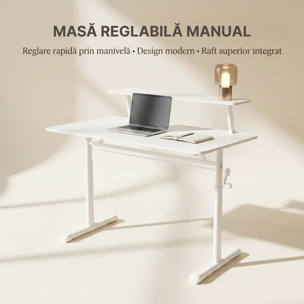 RESIGILAT- ERGOLEV WX-007 – Birou Reglabil Manual cu Înălțime Ajustabilă 65–90 cm, Blat Monobloc din PAL de Înaltă Densitate 15 mm, Cadru Metalic din Oțel, Raft Superior Integrat, 100x60 cm, Alb