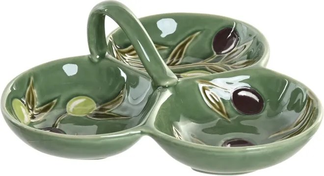 Bol servire aperitive cu 3 compartimente din ceramică, 23,5×23,5×9 cm, „Olivo"