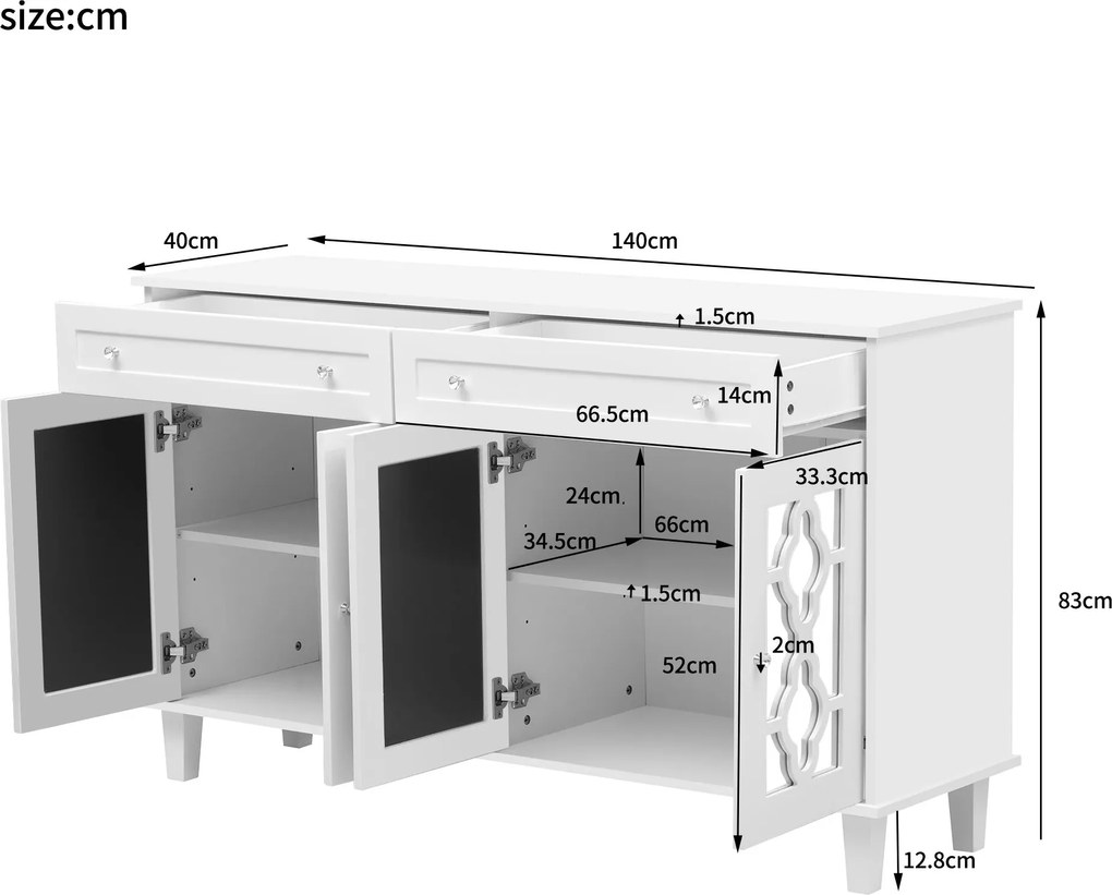 Bufet cu patru uși oglinzite, comodă cu sertare și mânere din cristal, 140x40x83 cm, Alb