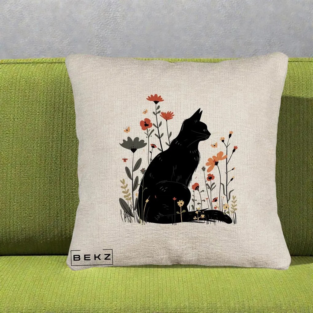 Perna Decorativa Pisica Neagra Profil Flori Portocalii, 40x40 cm, Bej Canapea, Husa Detasabila, Perna Inclusa, BEKZ®