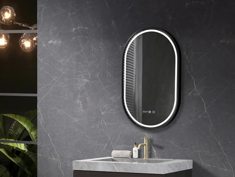 Oglinda baie, Multifuncțională, Iluminare LED 3 culori, Ceas încorporat, Sistem Dezaburire, Rama Negru, 45x90 cm