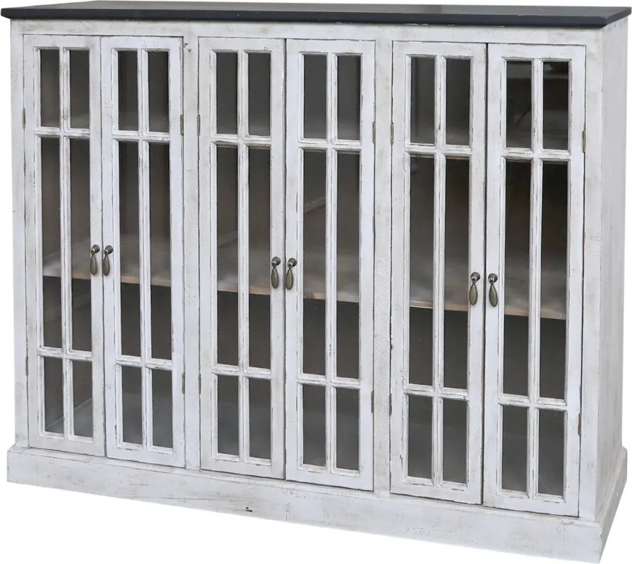 Bufet cu uși vitrate vintage shabby chic din lemn de pin, natur, cu 6 uși, 6 rafturi și blat negru, 100 x 123 x 35 cm, „Ménerbes”