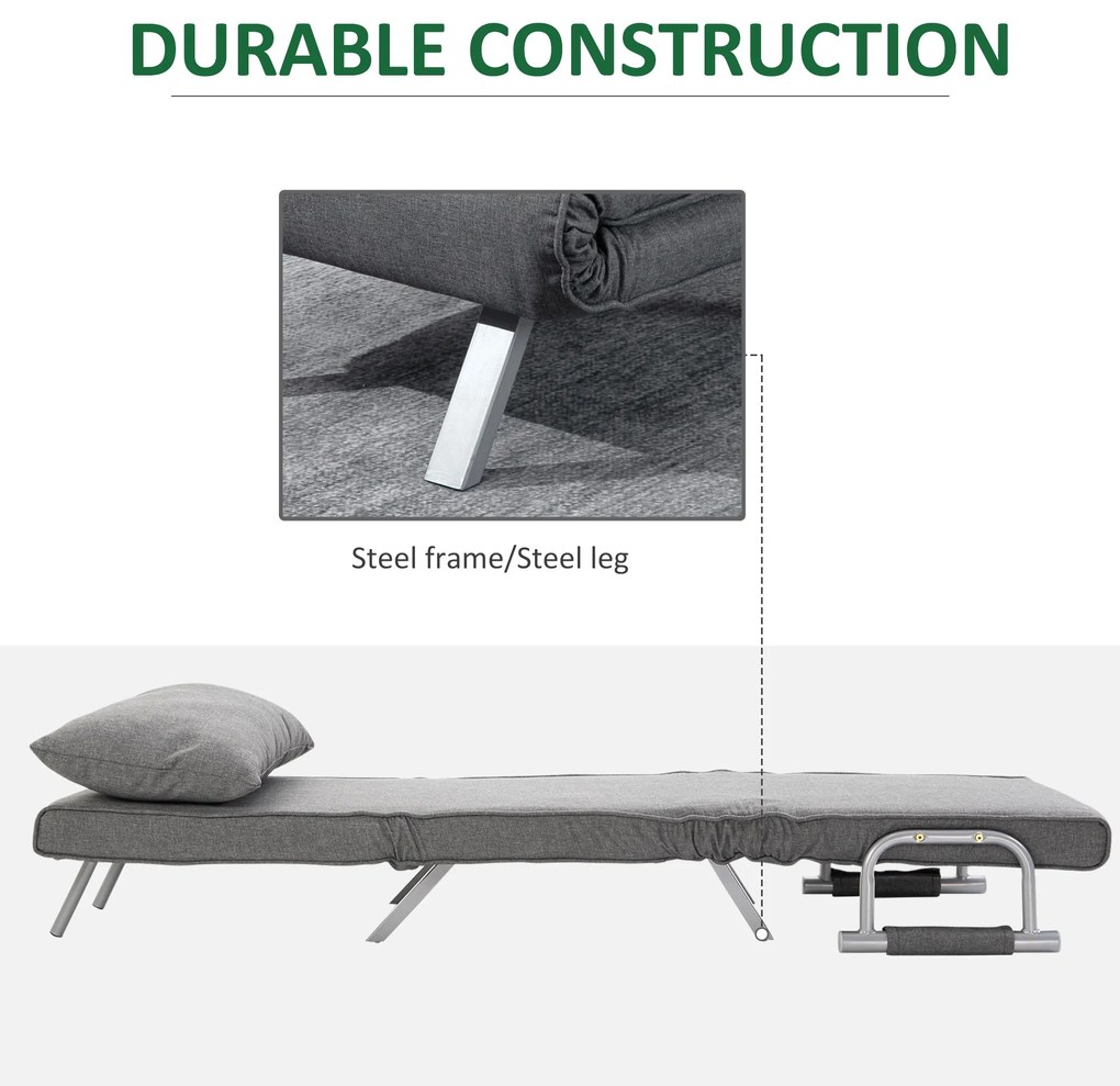 HOMCOM Canapea Extensibilă cu Poziție Reglabilă în 5 Niveluri, Canapea pliabilă cu pernă, 65x69x80 cm, Gri | Aosom Romania
